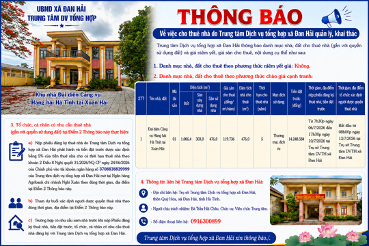 THÔNG BÁO: Về việc cho thuê nhà do Trung tâm Dịch vụ tổng hợp xã Đan Hải quản lý, khai thác