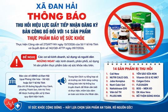 Xã Đan Hải thông báo về việc thu hồi hiệu lực Giấy tiếp nhận đăng ký bản công bố đối với 14 sản phẩm thực phẩm bảo vệ sức khỏe