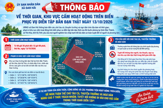 Thông báo về thời gian, khu vực cấm hoạt động trên biển phục vụ diễn tập bắn đạn thật ngày 13/10/2026