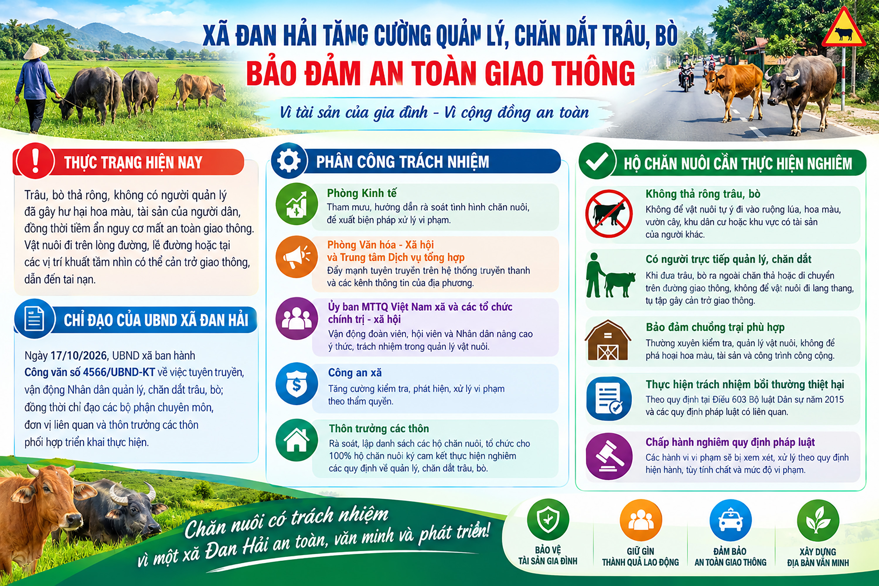 Xã Đan Hải tăng cường quản lý, chăn dắt trâu, bò, bảo đảm an toàn giao thông
